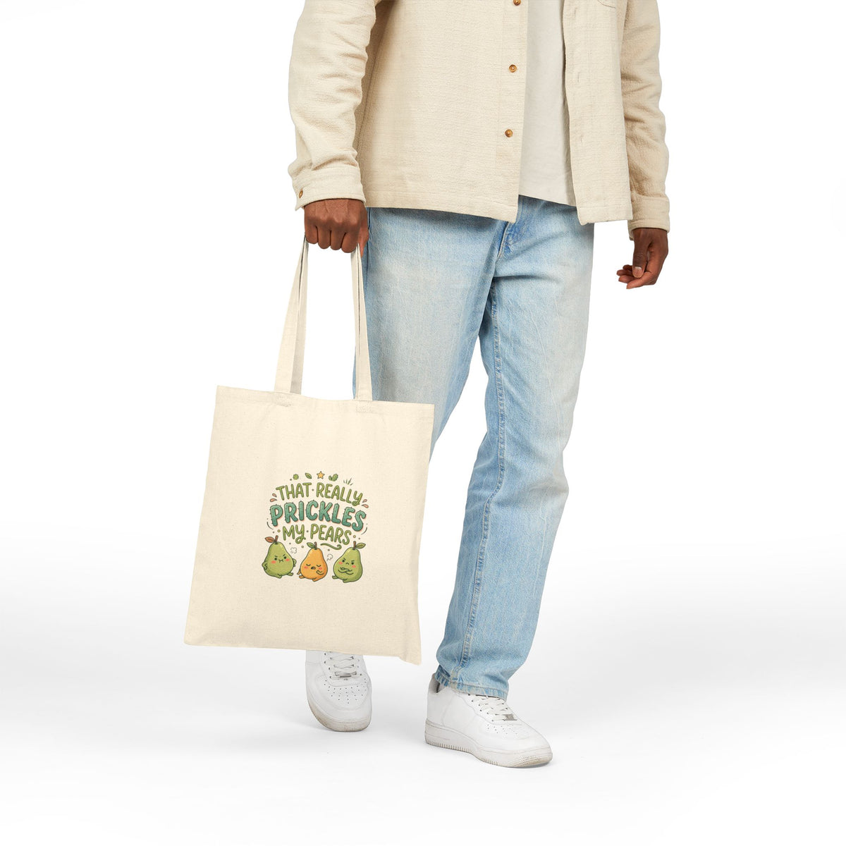 That Really Prickles My Pears Canvas Tote Bag — Cute Fruit Pun Grocery Shopper