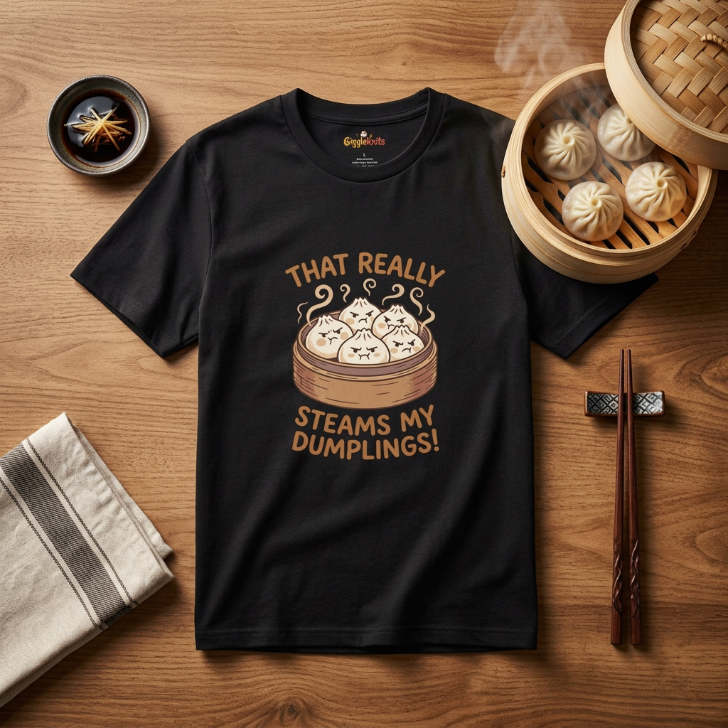 Lifestyle flat-lay of the That Really Steams My Dumplings tee with bamboo steamer and chopsticks
