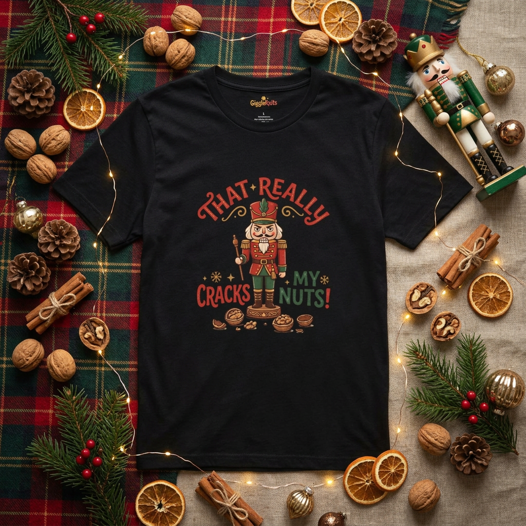 Holiday flat-lay of the That Really Cracks My Nuts nutcracker Christmas tee with walnuts, pine cones, and fairy lights