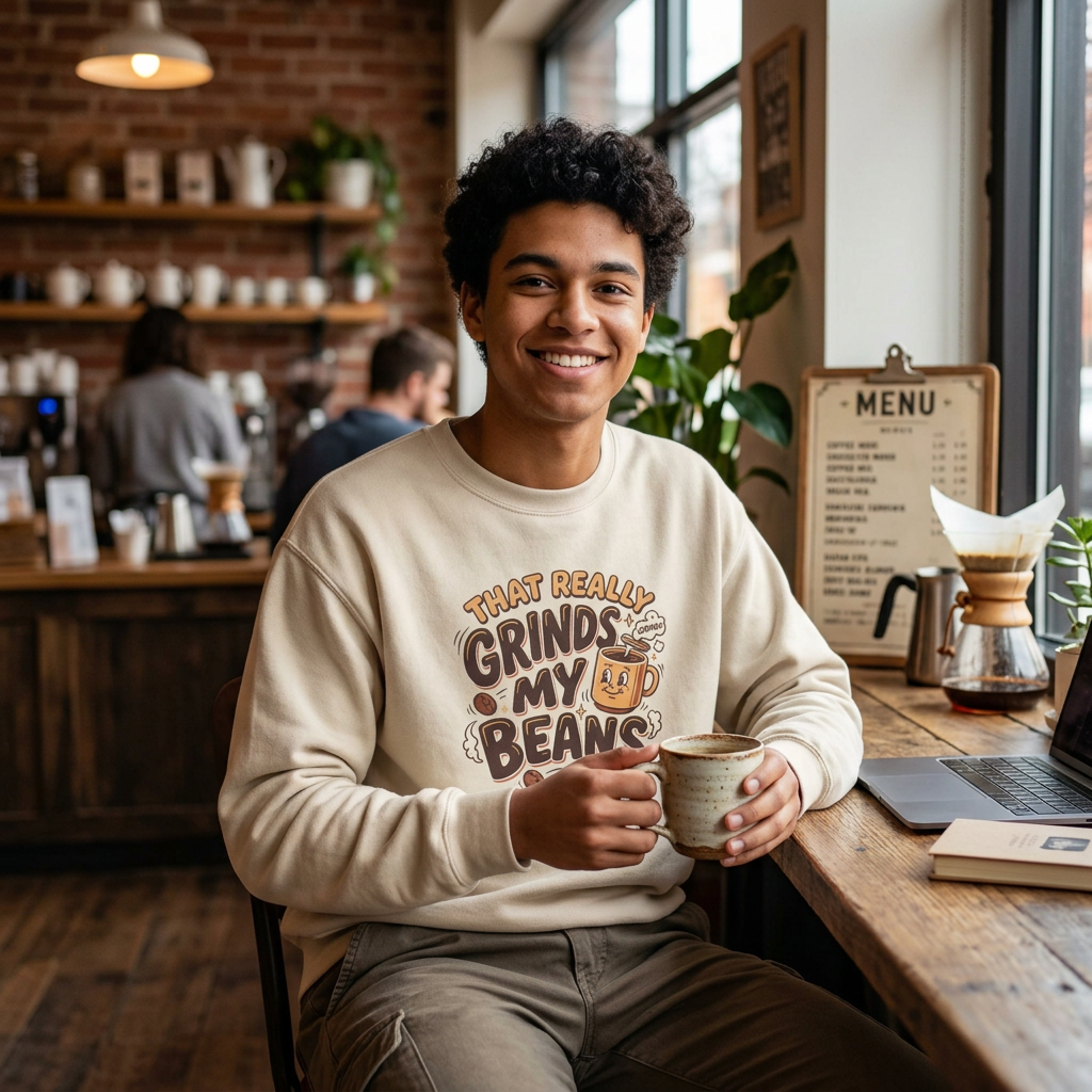 Lifestyle shot with actual Sand sweatshirt