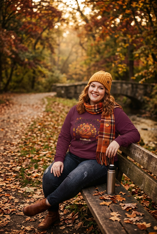 Plus Size Woman in Maroon Plucks My Feathers Tee