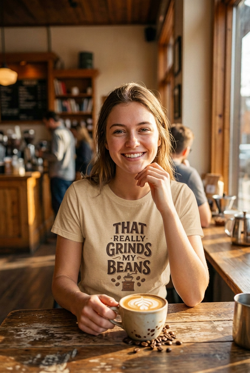 Sand shirt coffee shop lifestyle